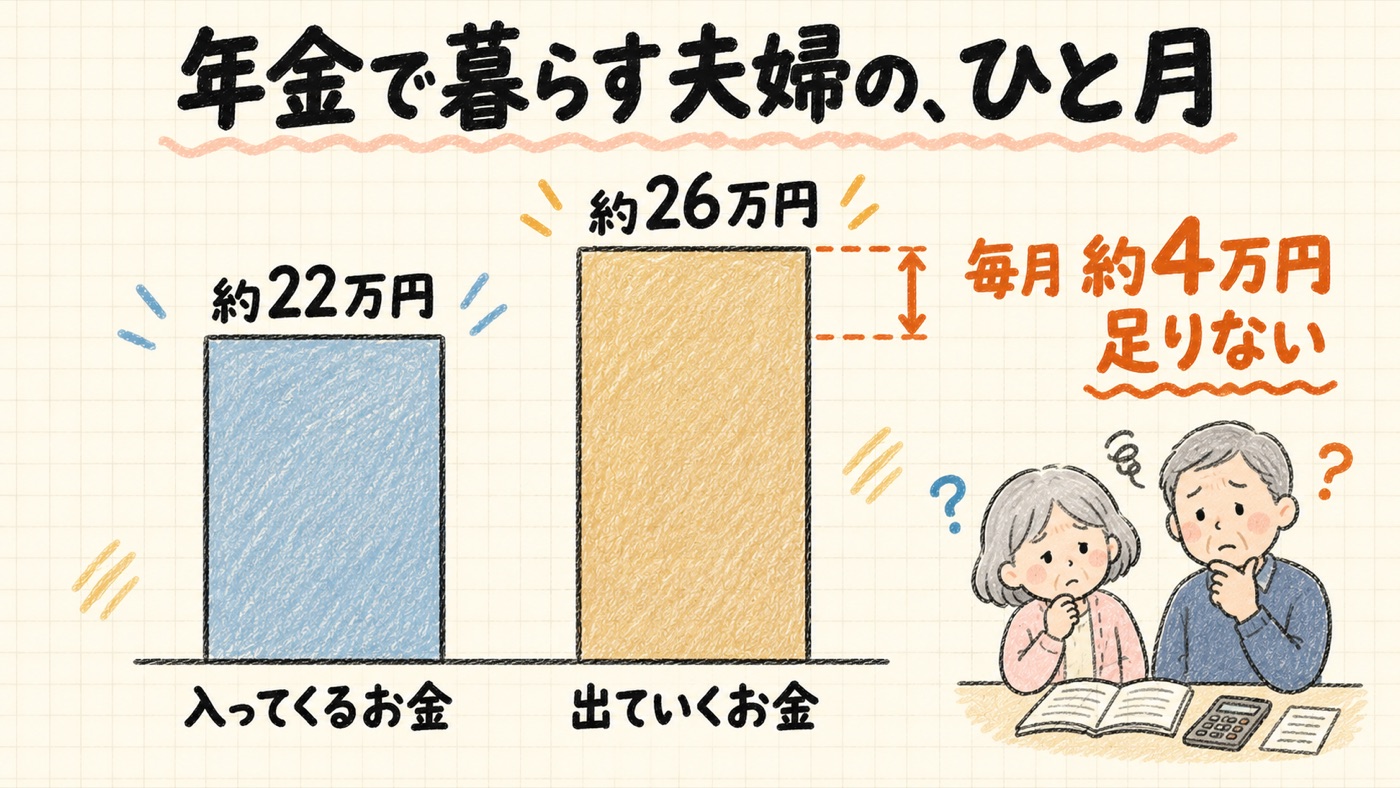 年金で暮らす夫婦のひと月。入ってくるお金 約22万円、出ていくお金 約26万円、毎月約4万円足りない